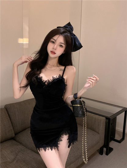 Asymmetrical Lace Hem Short Skirt LBD Party Slit Breathable Chic Sheath Short Dress AP0485