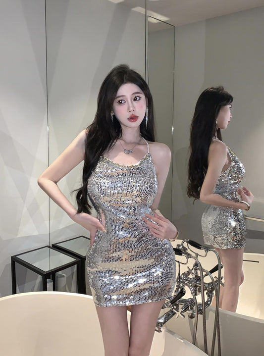 Chic Sequin Glow Mini Skirt Vogue Hot  Girls Ruched Waist Halter Short Dress AP0487