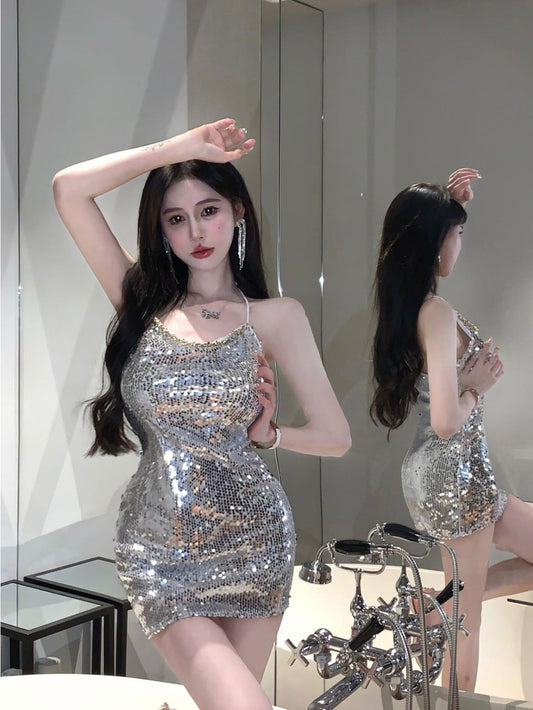 Chic Sequin Glow Mini Skirt Vogue Hot  Girls Ruched Waist Halter Short Dress AP0487