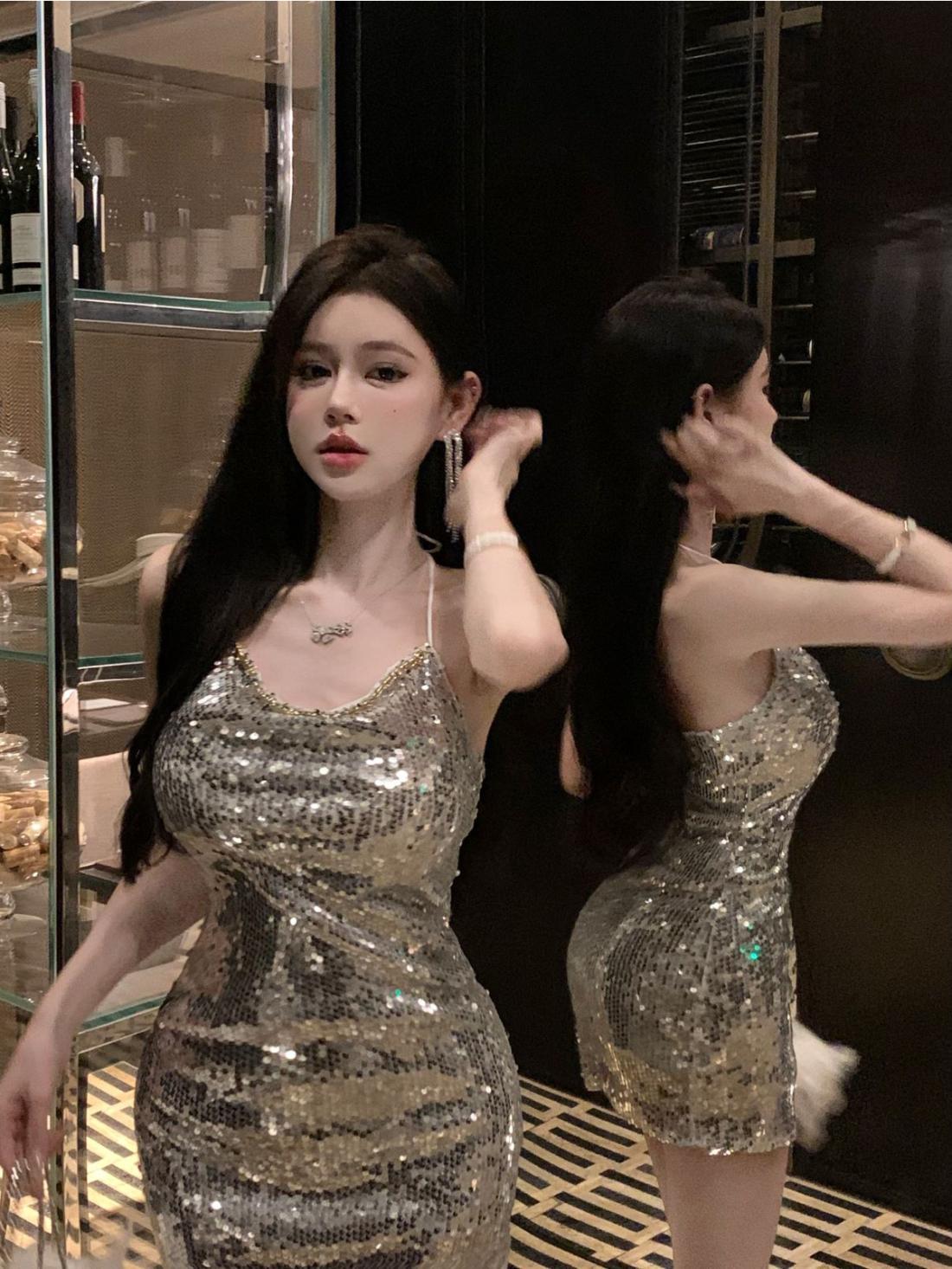 Chic Sequin Glow Mini Skirt Vogue Hot  Girls Ruched Waist Halter Short Dress AP0487