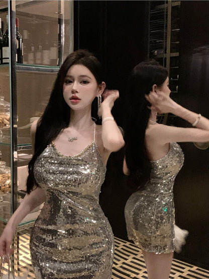 Chic Sequin Glow Mini Skirt Vogue Hot  Girls Ruched Waist Halter Short Dress AP0487