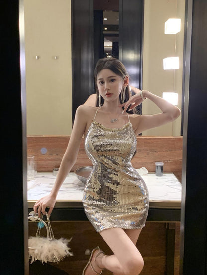 Chic Sequin Glow Mini Skirt Vogue Hot  Girls Ruched Waist Halter Short Dress AP0487