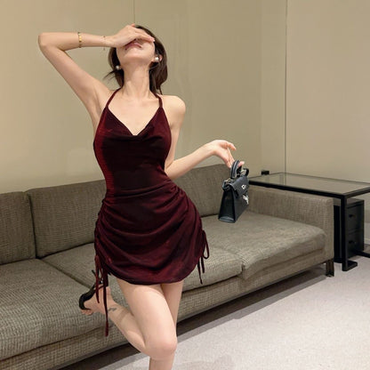 Pearlescent Fabric Chic Mini Skirt Vogue Party Ruched Gathered Waist Halter Short Dress AP0488