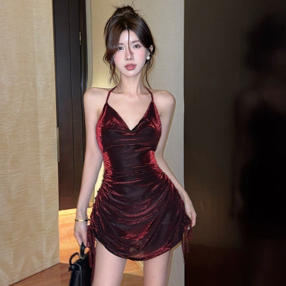 Pearlescent Fabric Chic Mini Skirt Vogue Party Ruched Gathered Waist Halter Short Dress AP0488