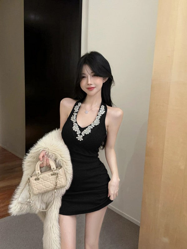 Chic Hot Girls Party  Mini Skirt Sexy Crystal Ornament Hugging Halter Short Dress AP0489