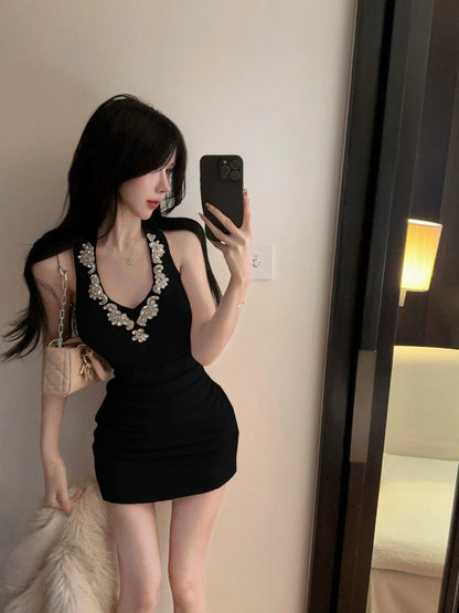 Chic Hot Girls Party  Mini Skirt Sexy Crystal Ornament Hugging Halter Short Dress AP0489