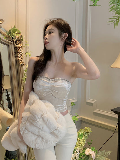 Beads Vintage Sleeveless Summer Skirt Strapless Pearlescent Fabric Bodycon Tube Top AP0490