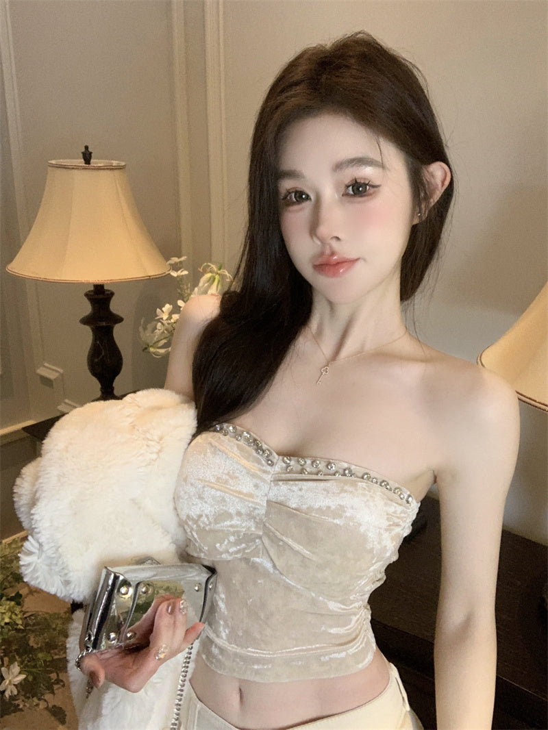 Beads Vintage Sleeveless Summer Skirt Strapless Pearlescent Fabric Bodycon Tube Top AP0490