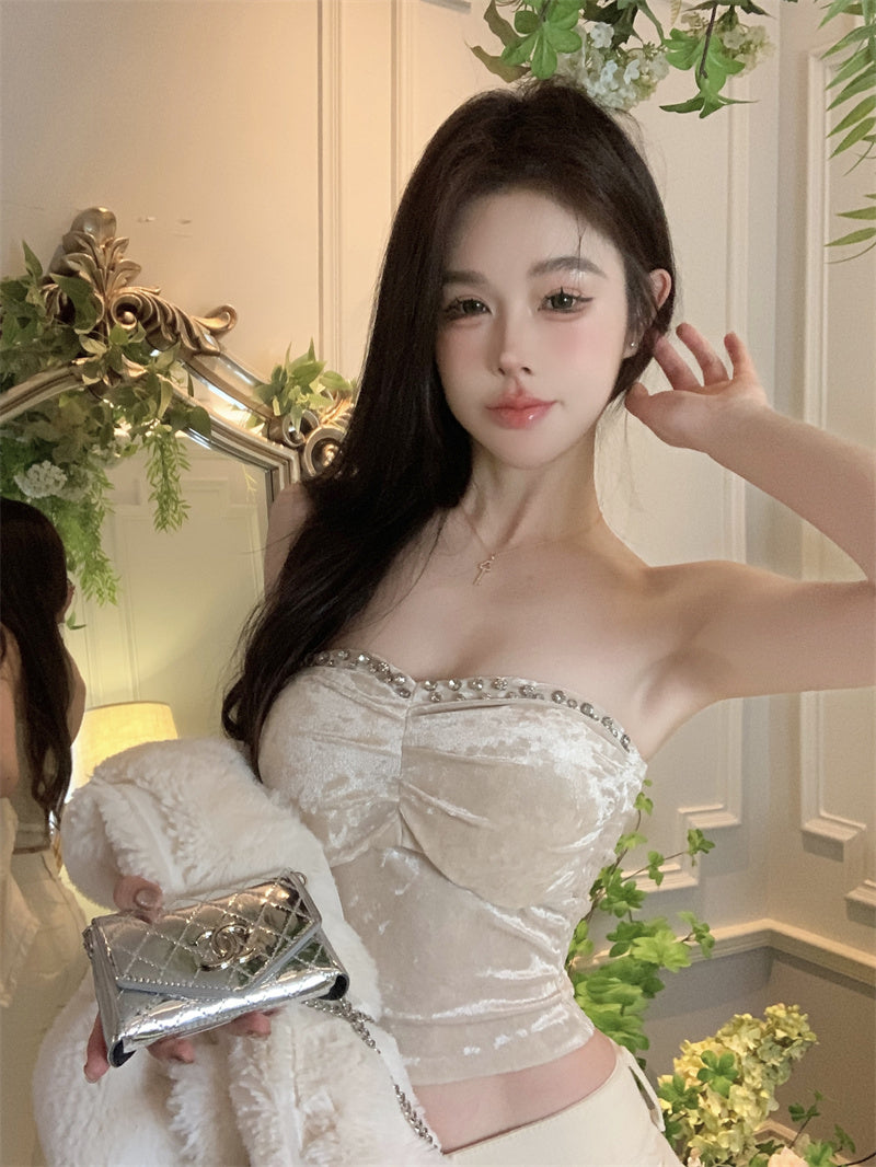 Beads Vintage Sleeveless Summer Skirt Strapless Pearlescent Fabric Bodycon Tube Top AP0490