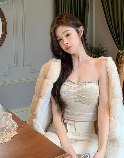 Beads Vintage Sleeveless Summer Skirt Strapless Pearlescent Fabric Bodycon Tube Top AP0490