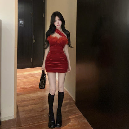 Floral Ornament One Shoulder Sleeveless Sexy Vogue Bodycon Short Dress AP0491