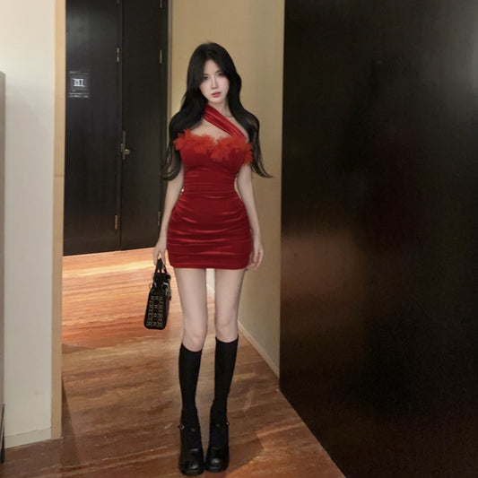 Floral Ornament One Shoulder Sleeveless Sexy Vogue Bodycon Short Dress AP0491