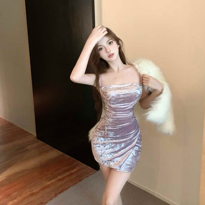 2025 Sweet Girls Chic Short Skirt Spaghetti Strap Soft Glow Sheath Short Dress AP0493