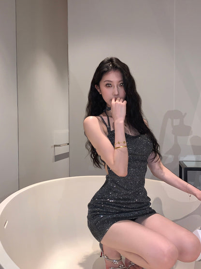 Variable Tie-Back Chic Metallic Fabric Mini Skirt Vogue Y2K Ruched Waist Halter Short Dress AP0494