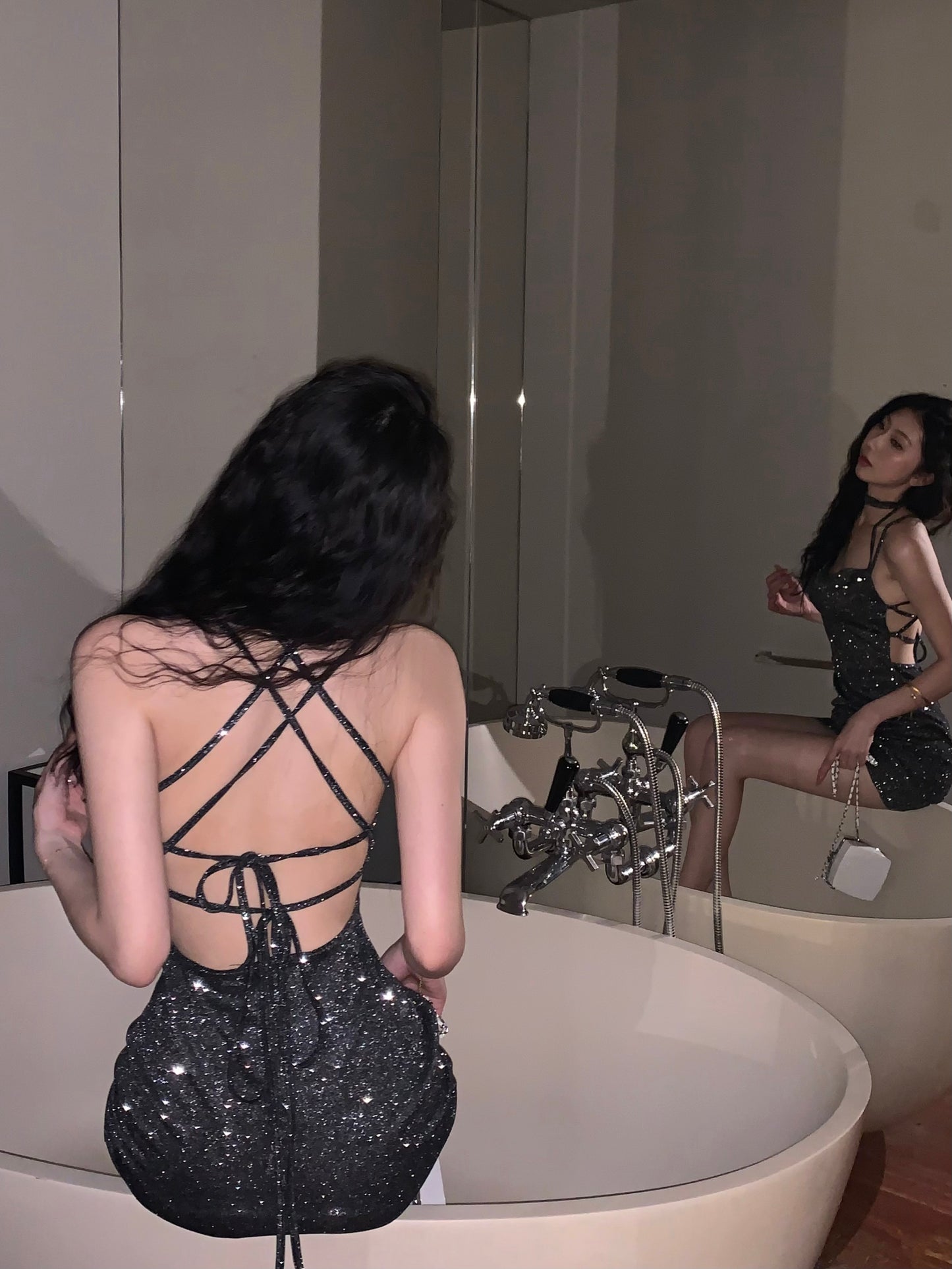 Variable Tie-Back Chic Metallic Fabric Mini Skirt Vogue Y2K Ruched Waist Halter Short Dress AP0494