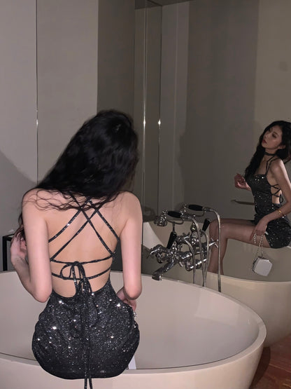 Variable Tie-Back Chic Metallic Fabric Mini Skirt Vogue Y2K Ruched Waist Halter Short Dress AP0494