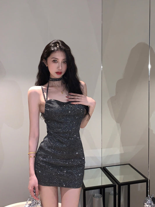 Variable Tie-Back Chic Metallic Fabric Mini Skirt Vogue Y2K Ruched Waist Halter Short Dress AP0494