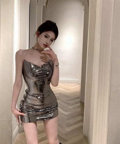 Metallic Fabric Party Sparkly Mini Skirt Vogue Gen Z Sheath Short Dress AP0495
