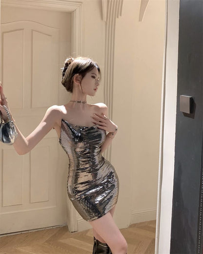 Metallic Fabric Party Sparkly Mini Skirt Vogue Gen Z Sheath Short Dress AP0495