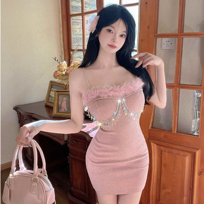 Beading Sparkly Sleeveless Mini Skirt Vogue Gen Z Spaghetti Strap Sheath Short Dress AP0496