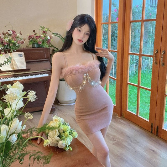 Beading Sparkly Sleeveless Mini Skirt Vogue Gen Z Spaghetti Strap Sheath Short Dress AP0496