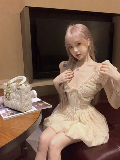 Sweet Double Layers Puffy Hem Mini Skirt Ruffles Trimmed Cute Bubble Short Dress AP0498