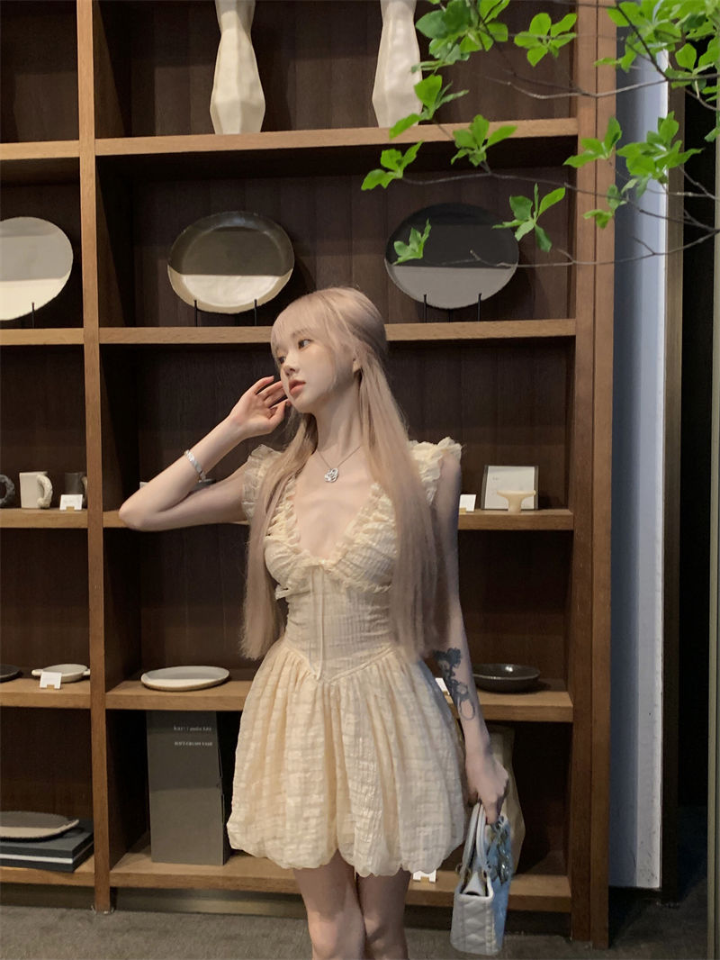 Sweet Double Layers Puffy Hem Mini Skirt Ruffles Trimmed Cute Bubble Short Dress AP0498