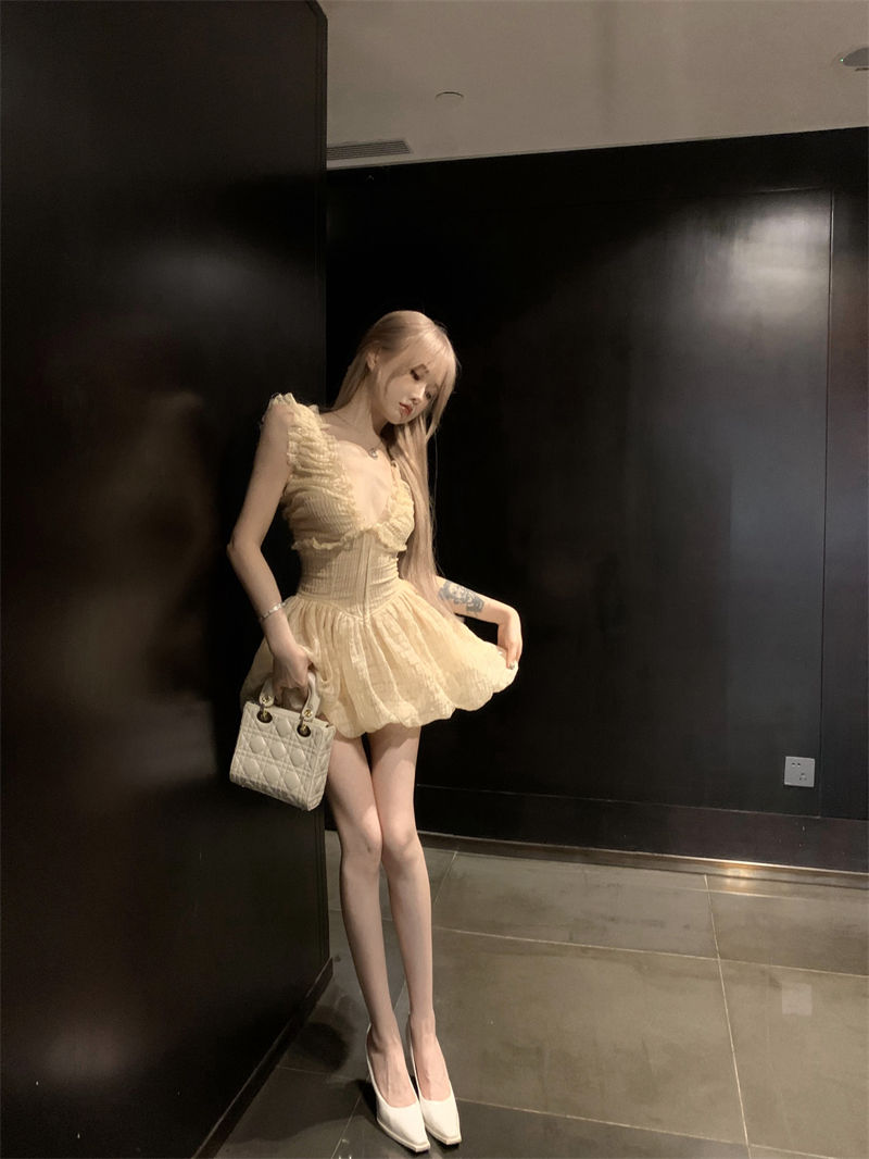 Sweet Double Layers Puffy Hem Mini Skirt Ruffles Trimmed Cute Bubble Short Dress AP0498