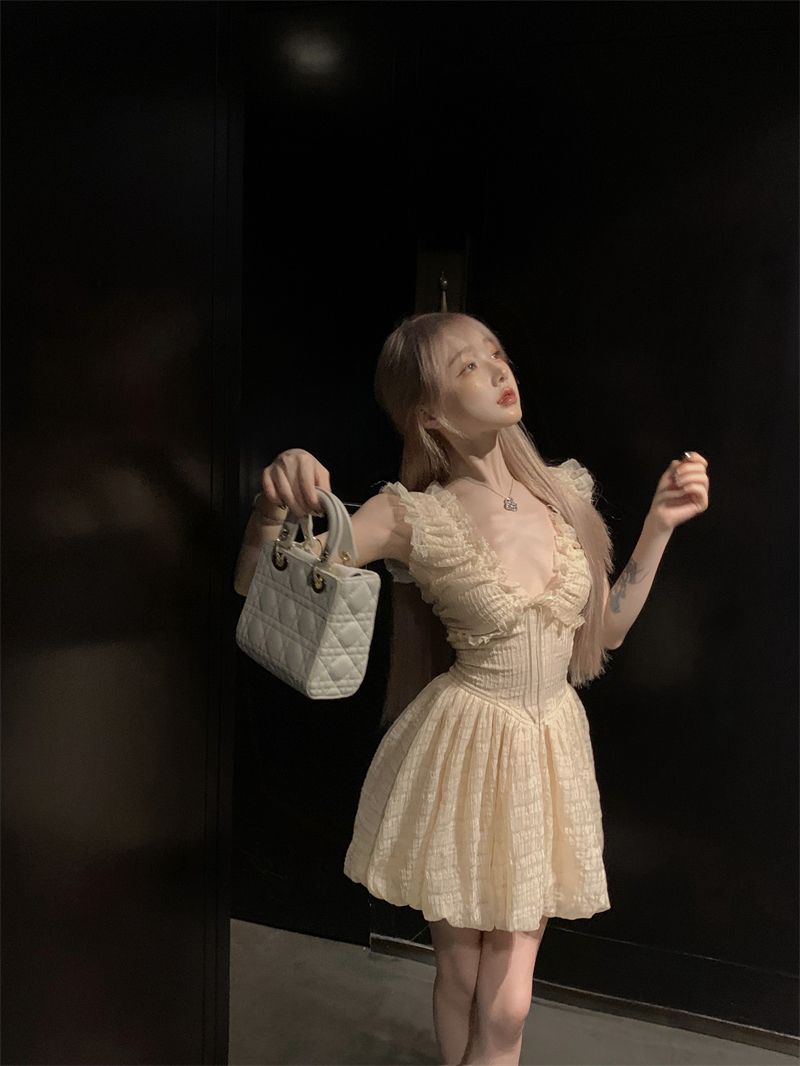 Sweet Double Layers Puffy Hem Mini Skirt Ruffles Trimmed Cute Bubble Short Dress AP0498