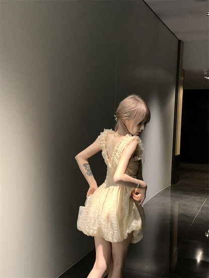 Sweet Double Layers Puffy Hem Mini Skirt Ruffles Trimmed Cute Bubble Short Dress AP0498