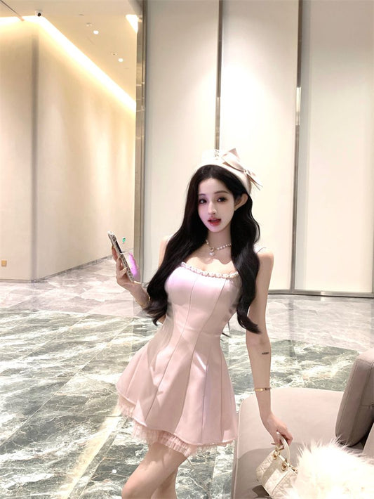 Charming Lace Floral Hem Waist-Cinching Mini Skirt Sweet Girls Bubble Short Dress AP0499