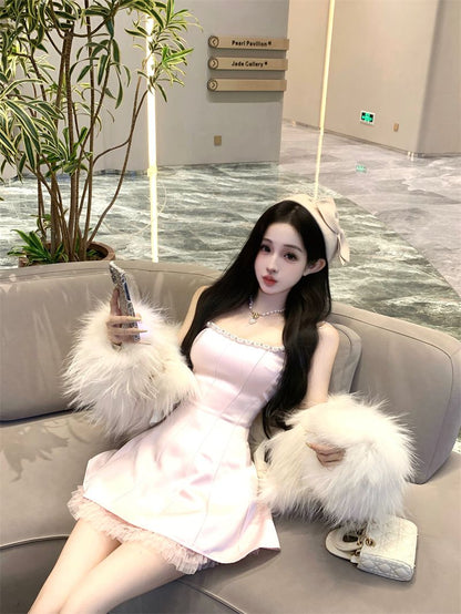 Charming Lace Floral Hem Waist-Cinching Mini Skirt Sweet Girls Bubble Short Dress AP0499