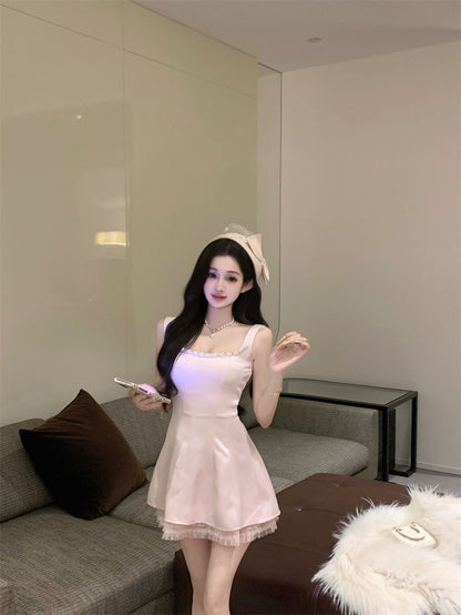 Charming Lace Floral Hem Waist-Cinching Mini Skirt Sweet Girls Bubble Short Dress AP0499