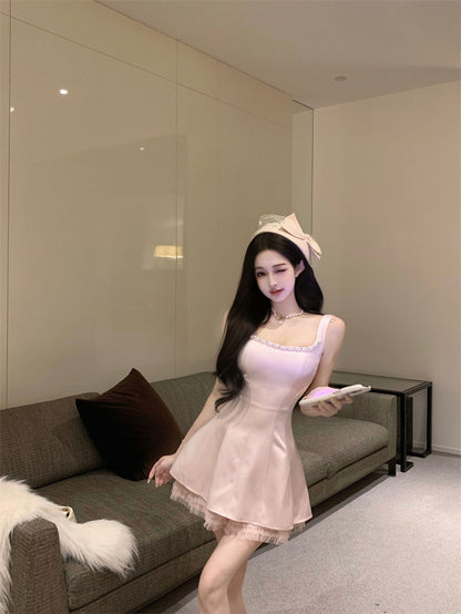 Charming Lace Floral Hem Waist-Cinching Mini Skirt Sweet Girls Bubble Short Dress AP0499