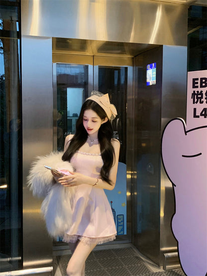 Charming Lace Floral Hem Waist-Cinching Mini Skirt Sweet Girls Bubble Short Dress AP0499