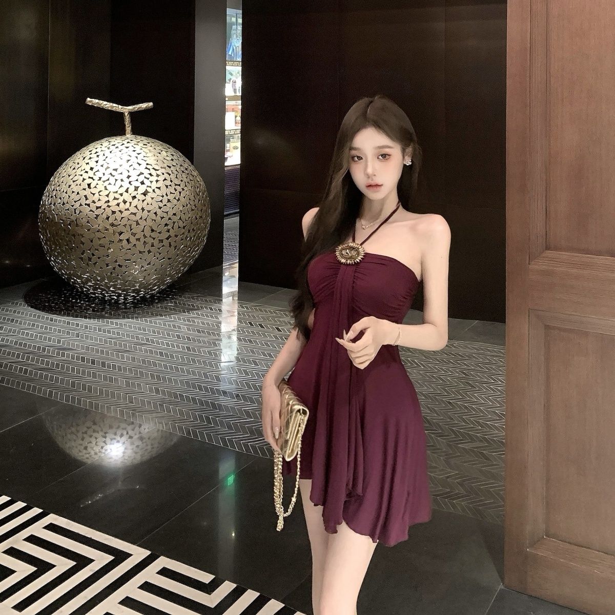 Sexy Backless Glam Sleeveless Mini Skirt Feast Vintage Flowy Hem Halter Short Dress AP0500