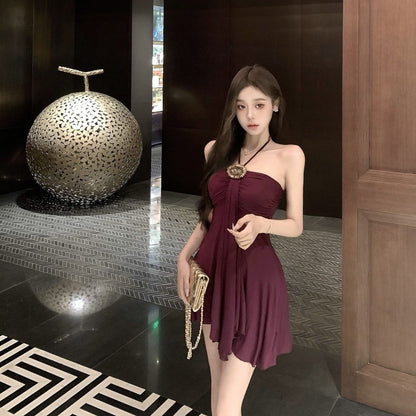 Sexy Backless Glam Sleeveless Mini Skirt Feast Vintage Flowy Hem Halter Short Dress AP0500