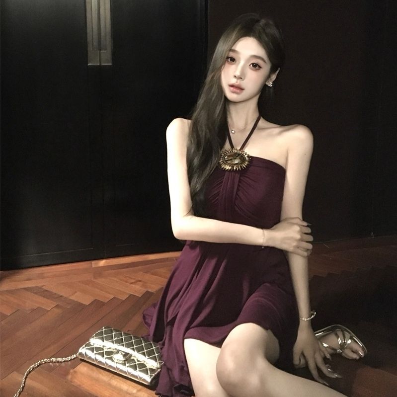 Sexy Backless Glam Sleeveless Mini Skirt Feast Vintage Flowy Hem Halter Short Dress AP0500