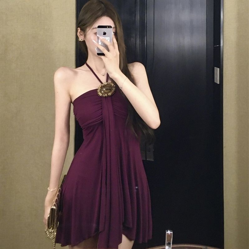 Sexy Backless Glam Sleeveless Mini Skirt Feast Vintage Flowy Hem Halter Short Dress AP0500
