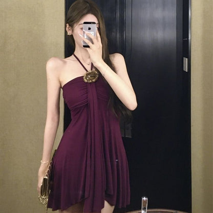 Sexy Backless Glam Sleeveless Mini Skirt Feast Vintage Flowy Hem Halter Short Dress AP0500
