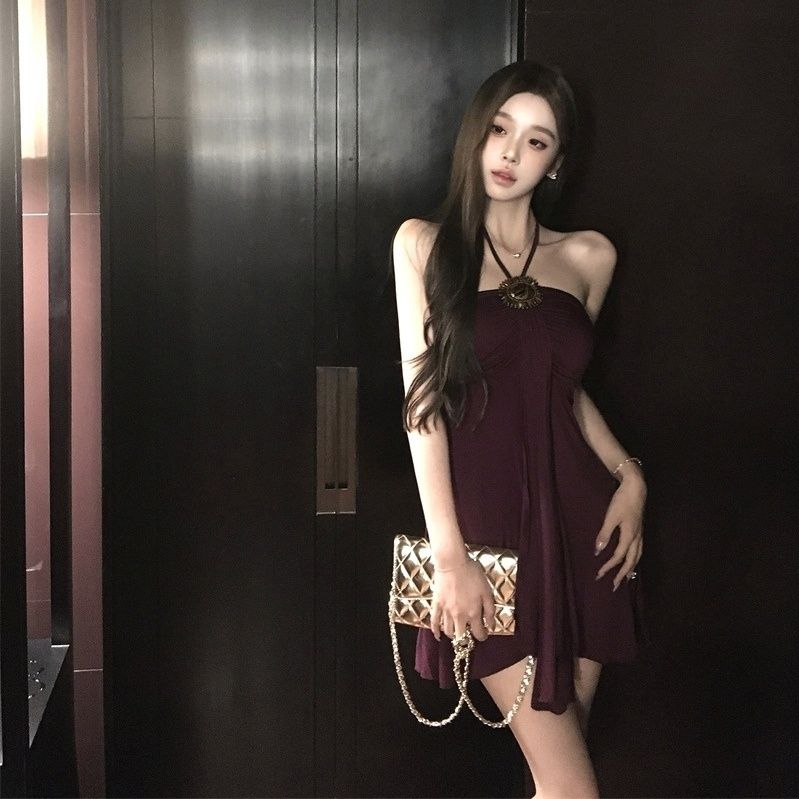 Sexy Backless Glam Sleeveless Mini Skirt Feast Vintage Flowy Hem Halter Short Dress AP0500