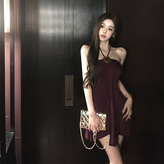 Sexy Backless Glam Sleeveless Mini Skirt Feast Vintage Flowy Hem Halter Short Dress AP0500