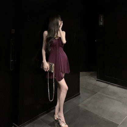 Sexy Backless Glam Sleeveless Mini Skirt Feast Vintage Flowy Hem Halter Short Dress AP0500