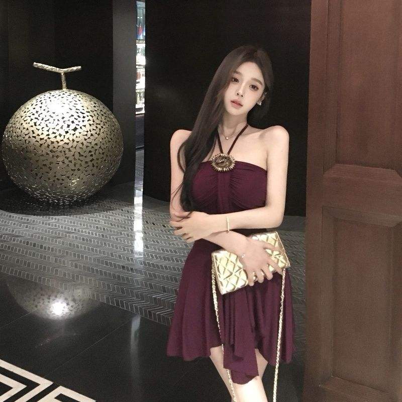 Sexy Backless Glam Sleeveless Mini Skirt Feast Vintage Flowy Hem Halter Short Dress AP0500