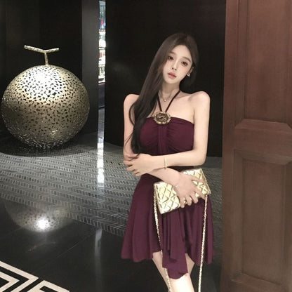 Sexy Backless Glam Sleeveless Mini Skirt Feast Vintage Flowy Hem Halter Short Dress AP0500