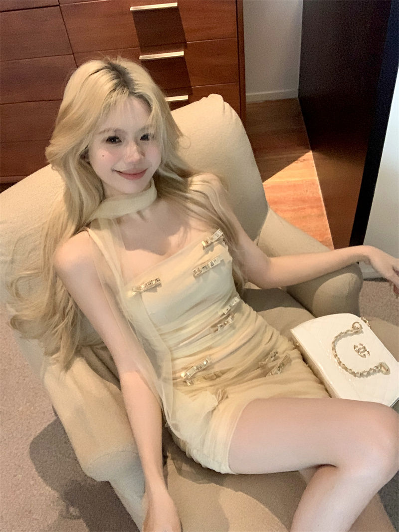 Sparkly Sequin Bow-Knot Tulle Mini Skirt Vibrant Spaghetti Strap Sheath Short Dress AP0502