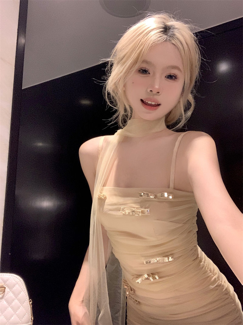 Sparkly Sequin Bow-Knot Tulle Mini Skirt Vibrant Spaghetti Strap Sheath Short Dress AP0502