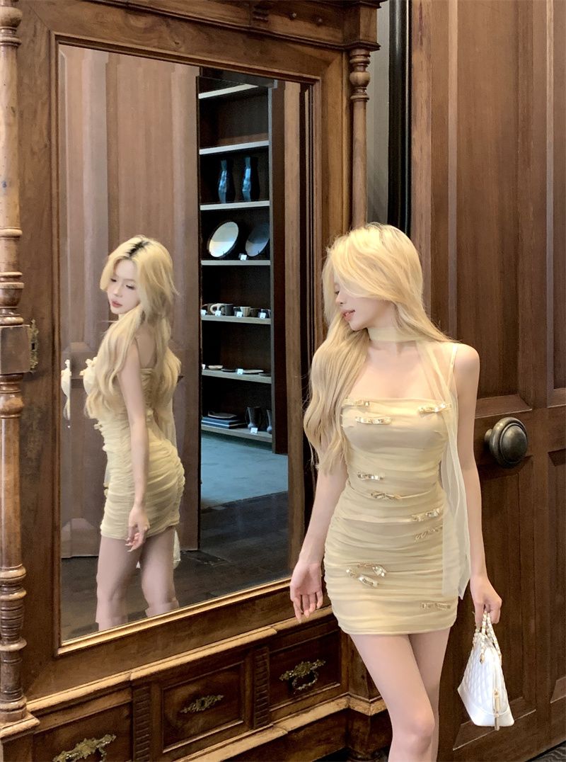 Sparkly Sequin Bow-Knot Tulle Mini Skirt Vibrant Spaghetti Strap Sheath Short Dress AP0502