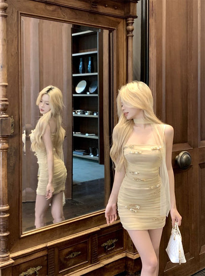 Sparkly Sequin Bow-Knot Tulle Mini Skirt Vibrant Spaghetti Strap Sheath Short Dress AP0502