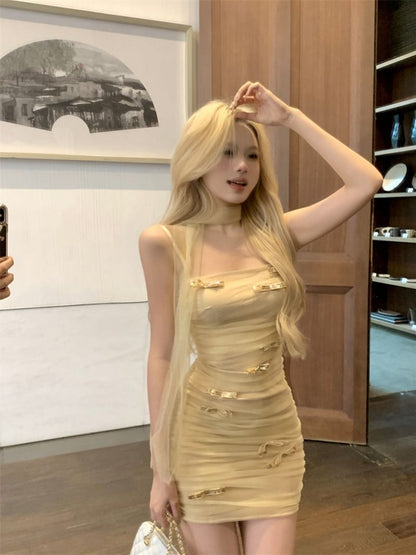 Sparkly Sequin Bow-Knot Tulle Mini Skirt Vibrant Spaghetti Strap Sheath Short Dress AP0502